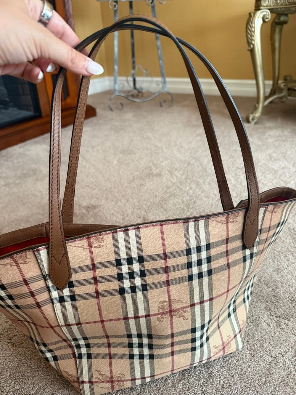 Burberry Vintage Check Canvas Tote in Beige and Brown with Red Accents